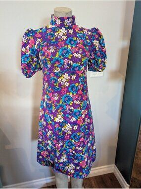 Vintage handmade 1970s midi Dress Gogo Mod Disco Floral Jewel Tone dress Sz M